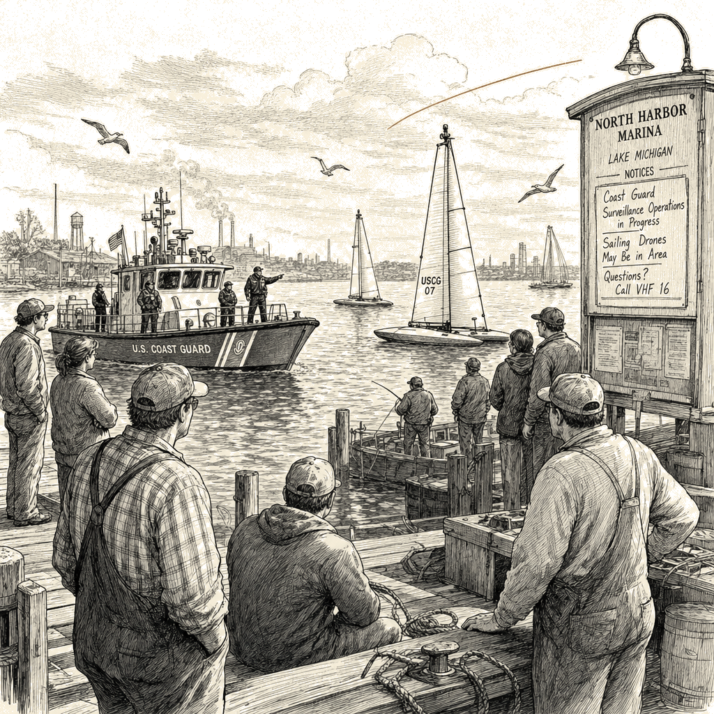 Illustration accompanying article: Surveillance drone deployment on Great Lakes raises privacy concerns