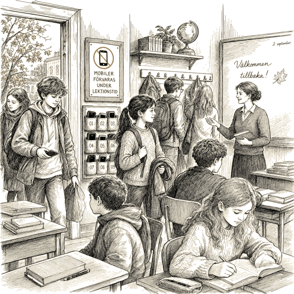 Illustration accompanying article: Sweden to ban mobile phones in schools as part of global screen reversal