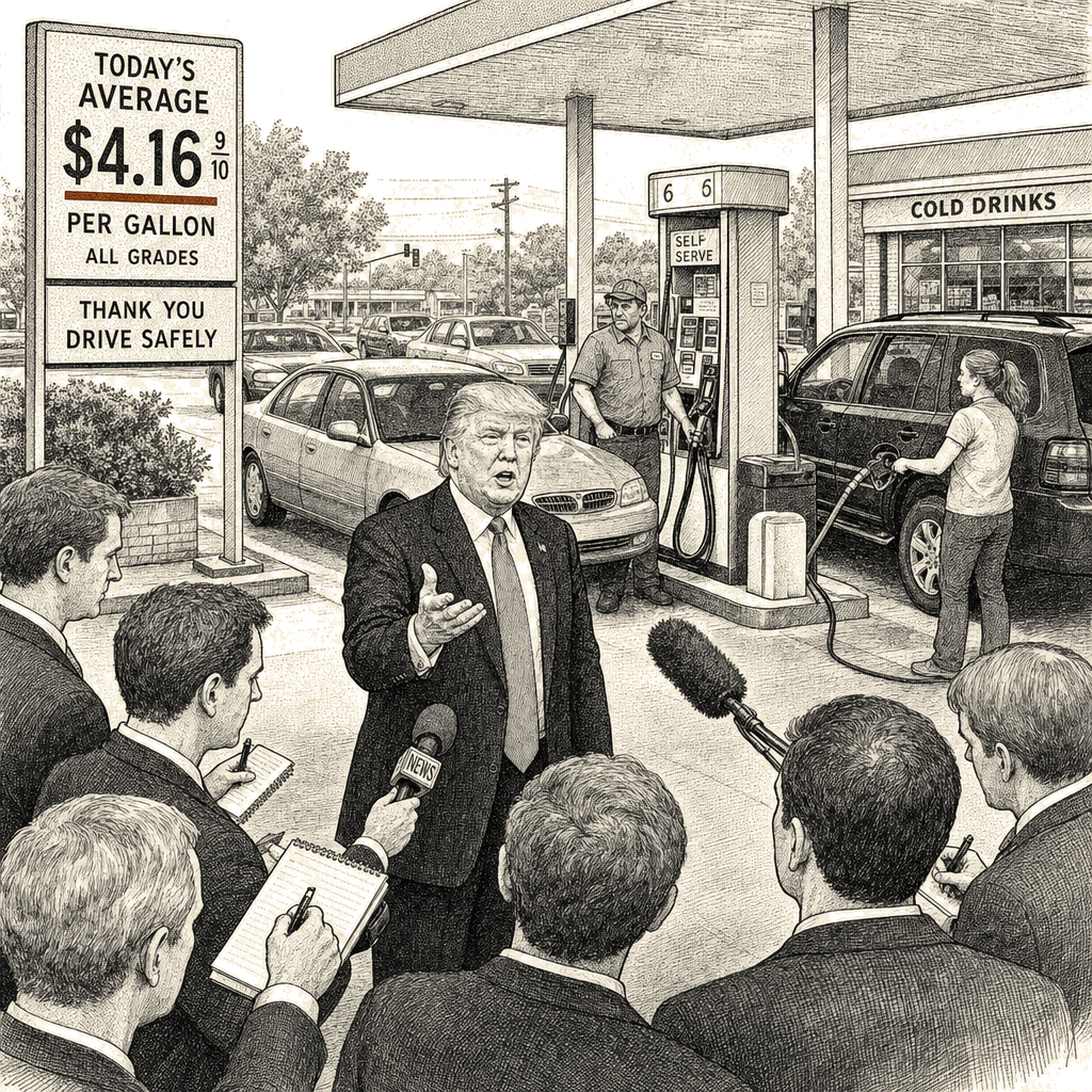 Illustration accompanying article: Trump says US gas prices ‘not very high’ as $4.16 gallon average persists