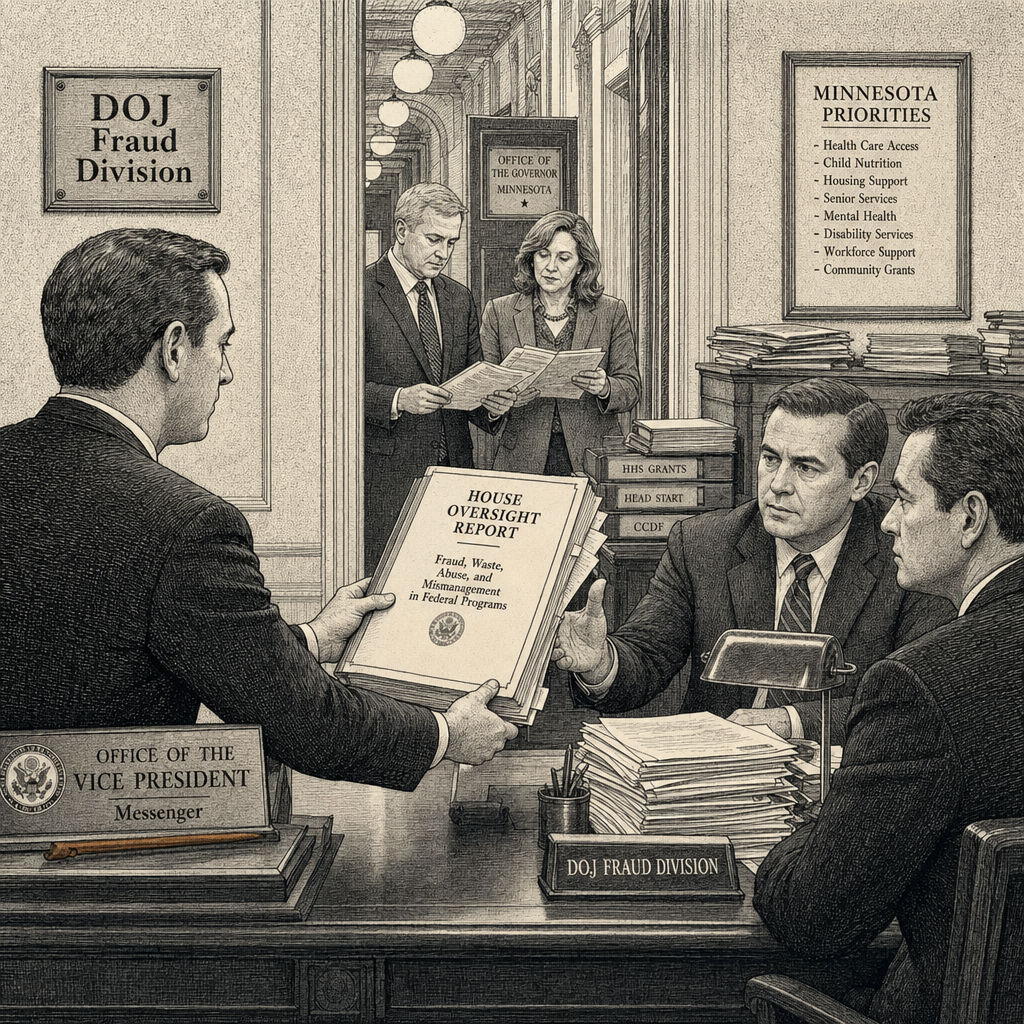 Illustration accompanying article: Vance refers House fraud report on Walz, Ellison to DOJ for investigation