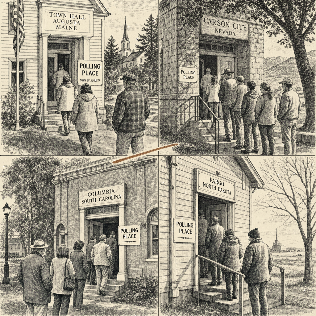 Illustration accompanying article: Voters head to polls in Maine, Nevada, South Carolina primaries