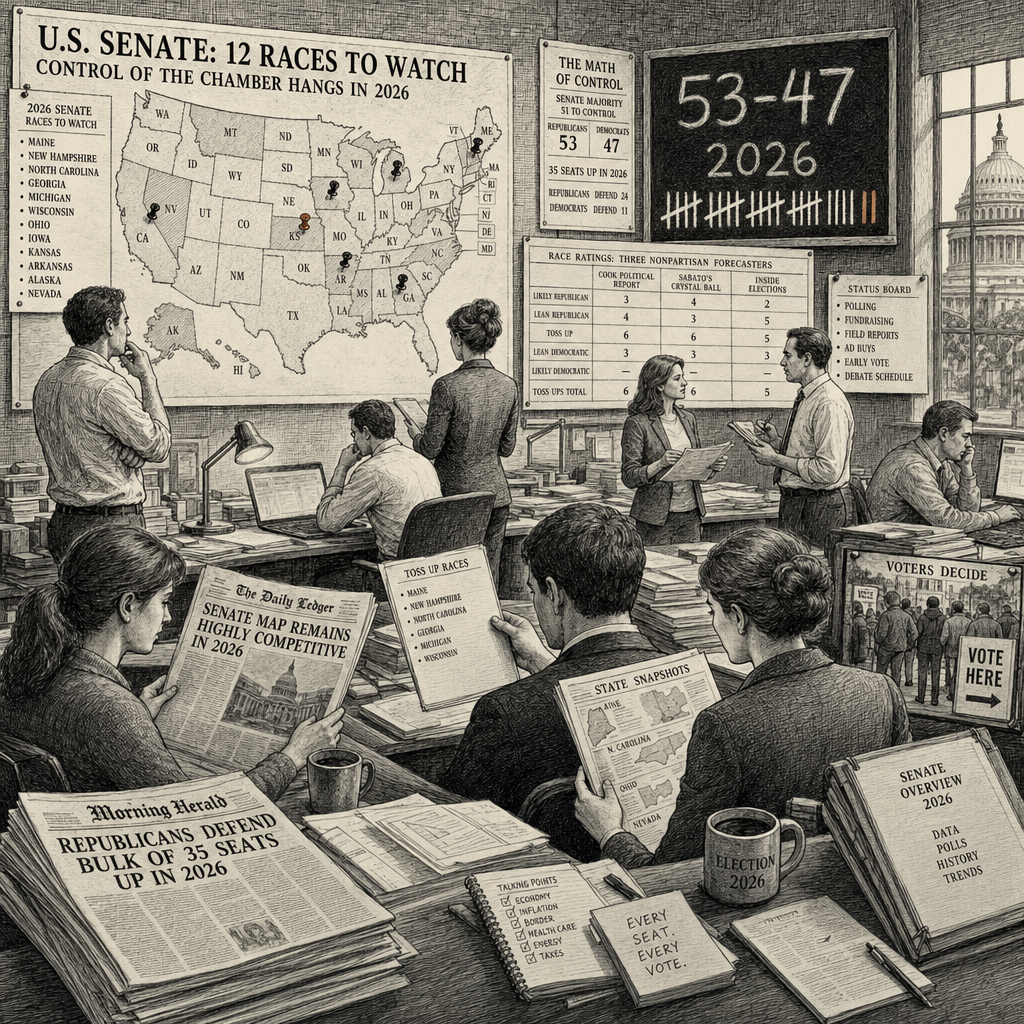 Illustration accompanying article: 12 competitive Senate races to watch as control of chamber hangs in 2026