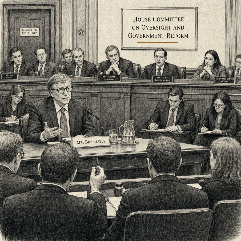 Illustration accompanying article: Bill Gates testifies before House committee on Epstein ties