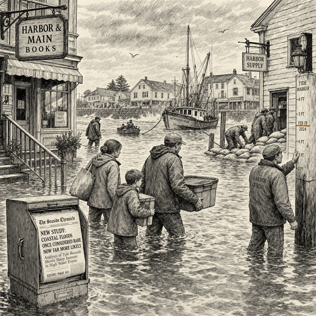 Illustration accompanying article: Coastal floods once rare now 12 times more likely, study finds