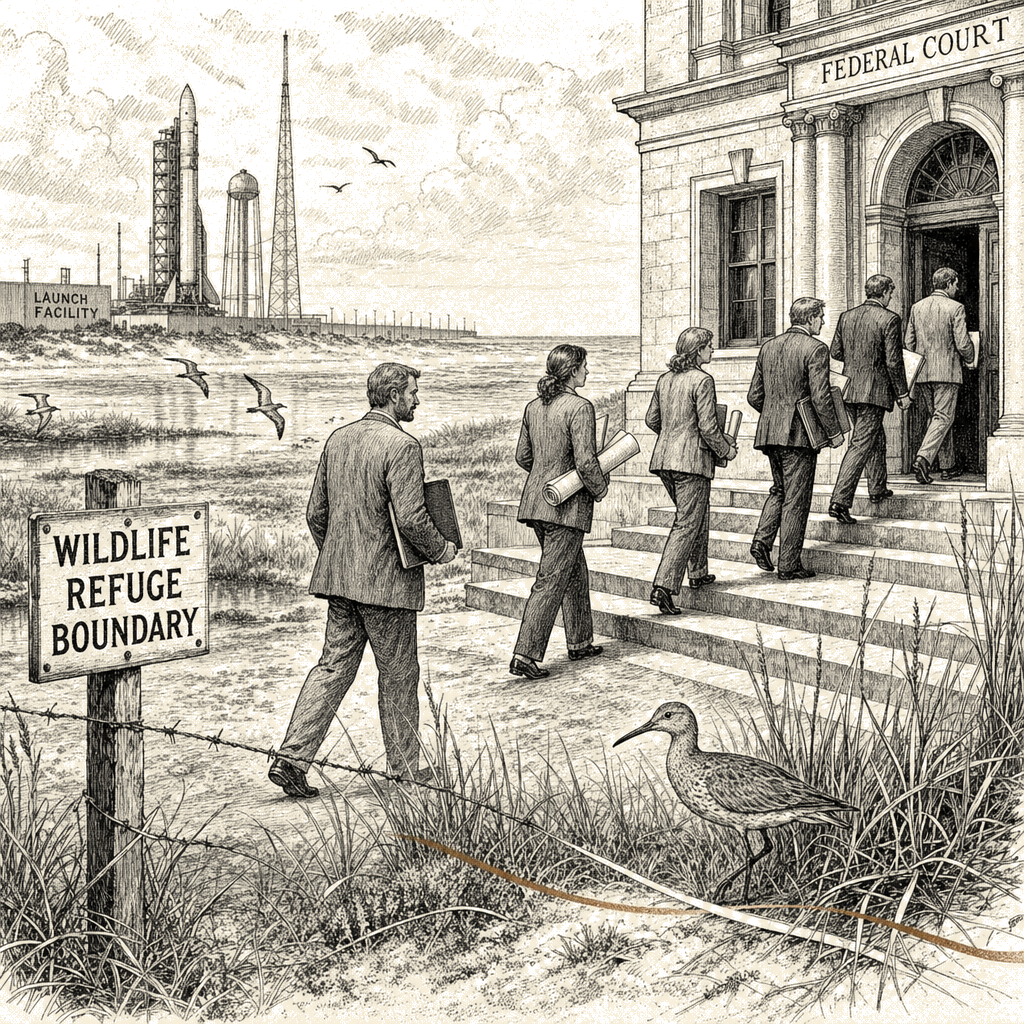 Illustration accompanying article: Environmental groups sue to block Trump administration land swap with SpaceX