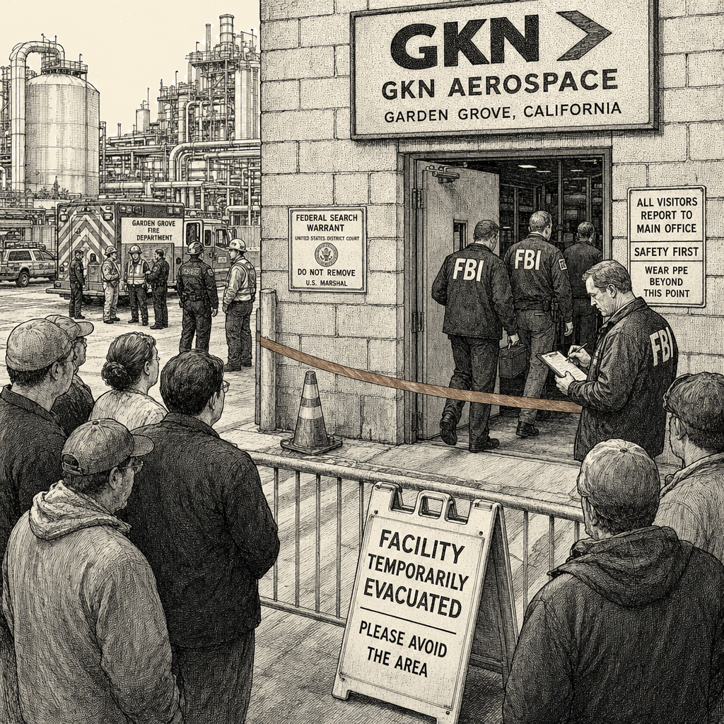 Illustration accompanying article: FBI searches Garden Grove aerospace facility after chemical tank crisis