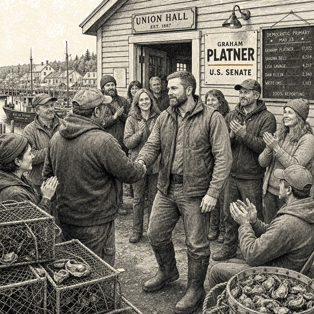 Illustration accompanying article: Graham Platner wins Maine Democratic Senate primary despite controversies