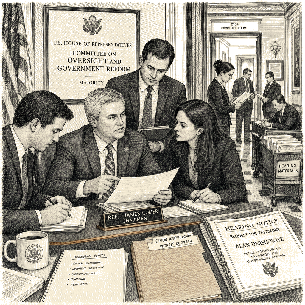 Illustration accompanying article: House panel to seek testimony from Alan Dershowitz on Epstein