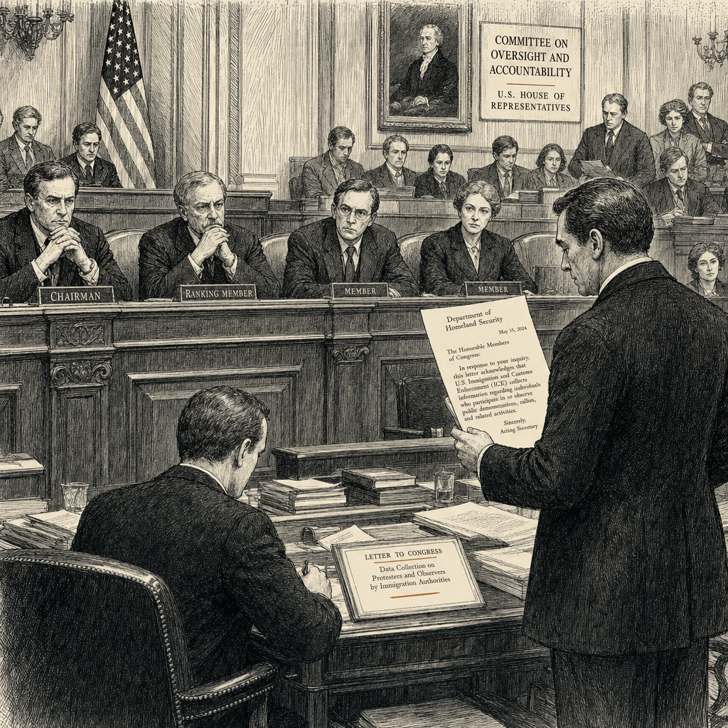 Illustration accompanying article: ICE letter acknowledges collecting data on some protesters, observers