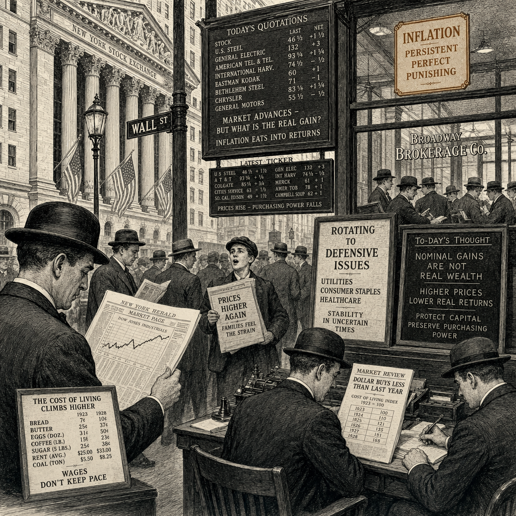 Illustration accompanying article: Inflation Eats Into Stock Market Gains as Investors Rotate to Defensive Names