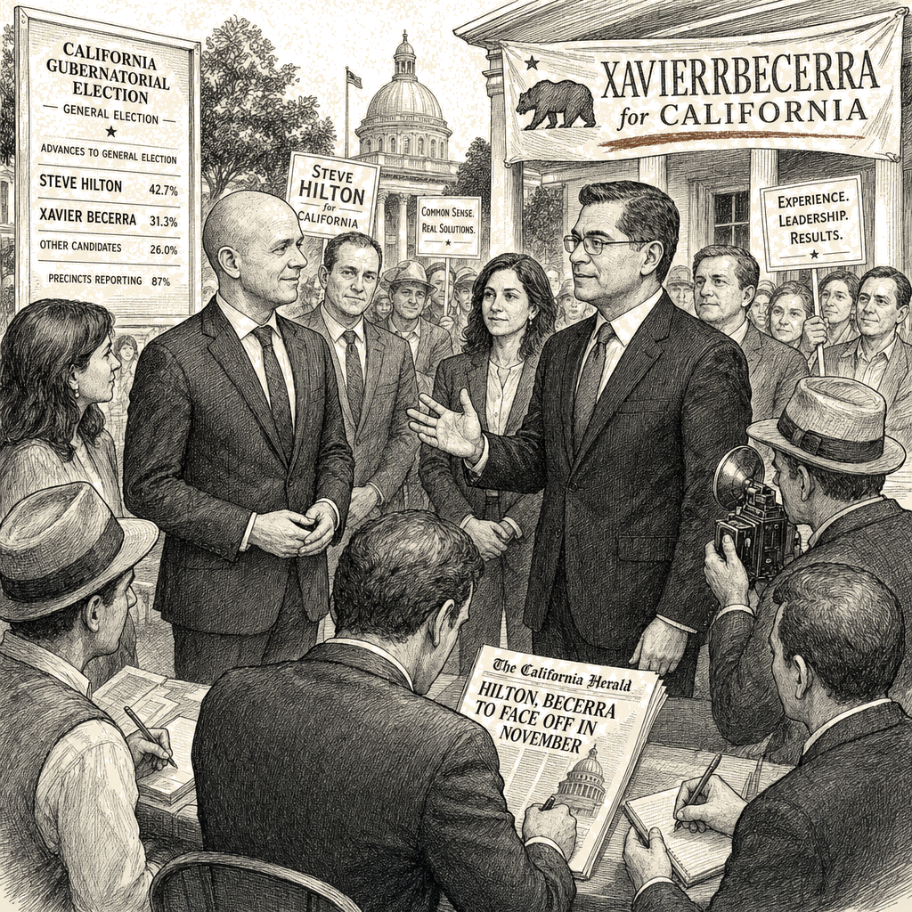Illustration accompanying article: Steve Hilton advances to face Xavier Becerra in California governor general