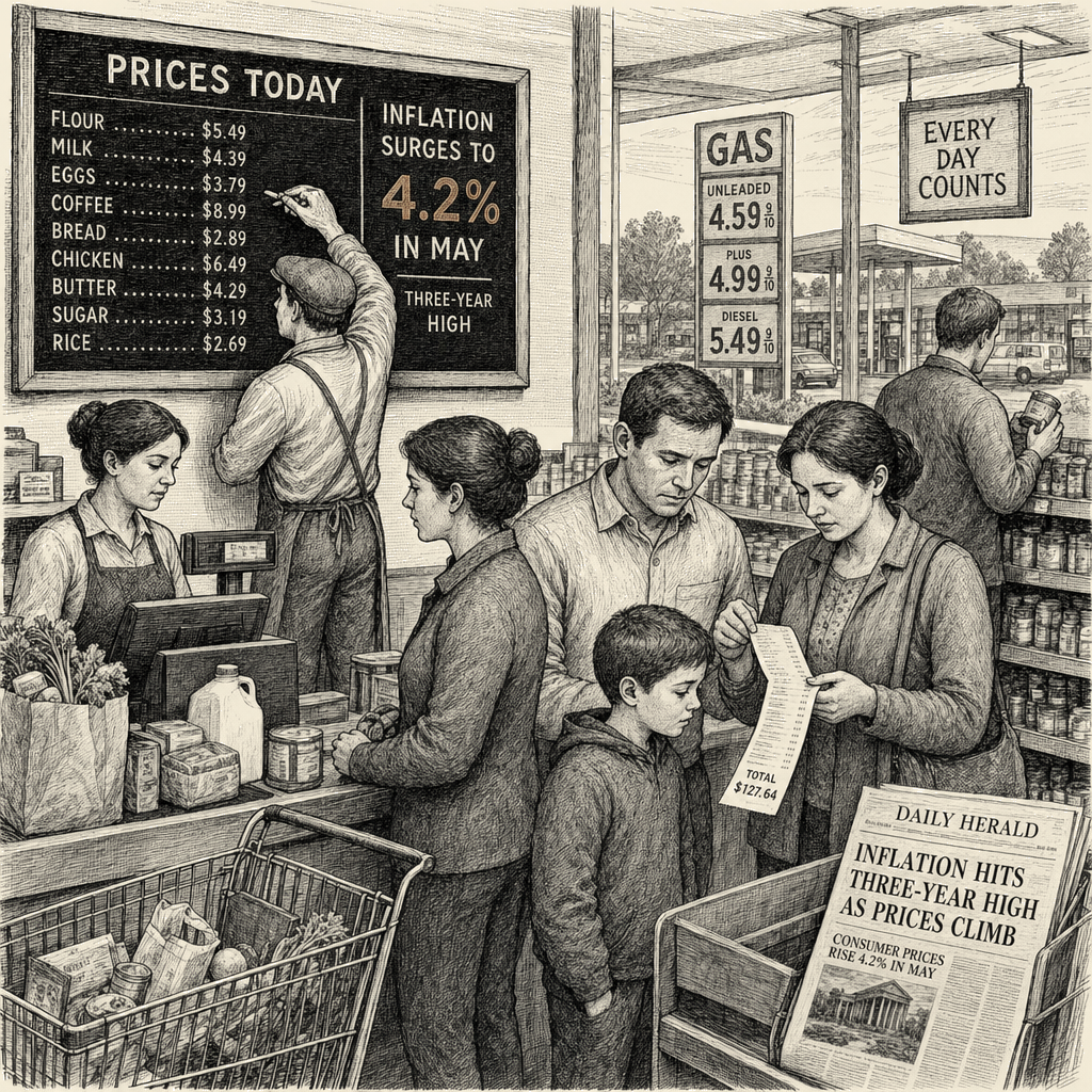Illustration accompanying article: US inflation surges to 4.2% in May, a three-year high