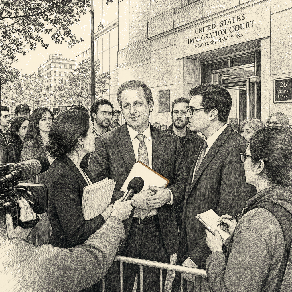 Illustration accompanying article: Brad Lander acquitted of charges tied to NYC immigration court protest