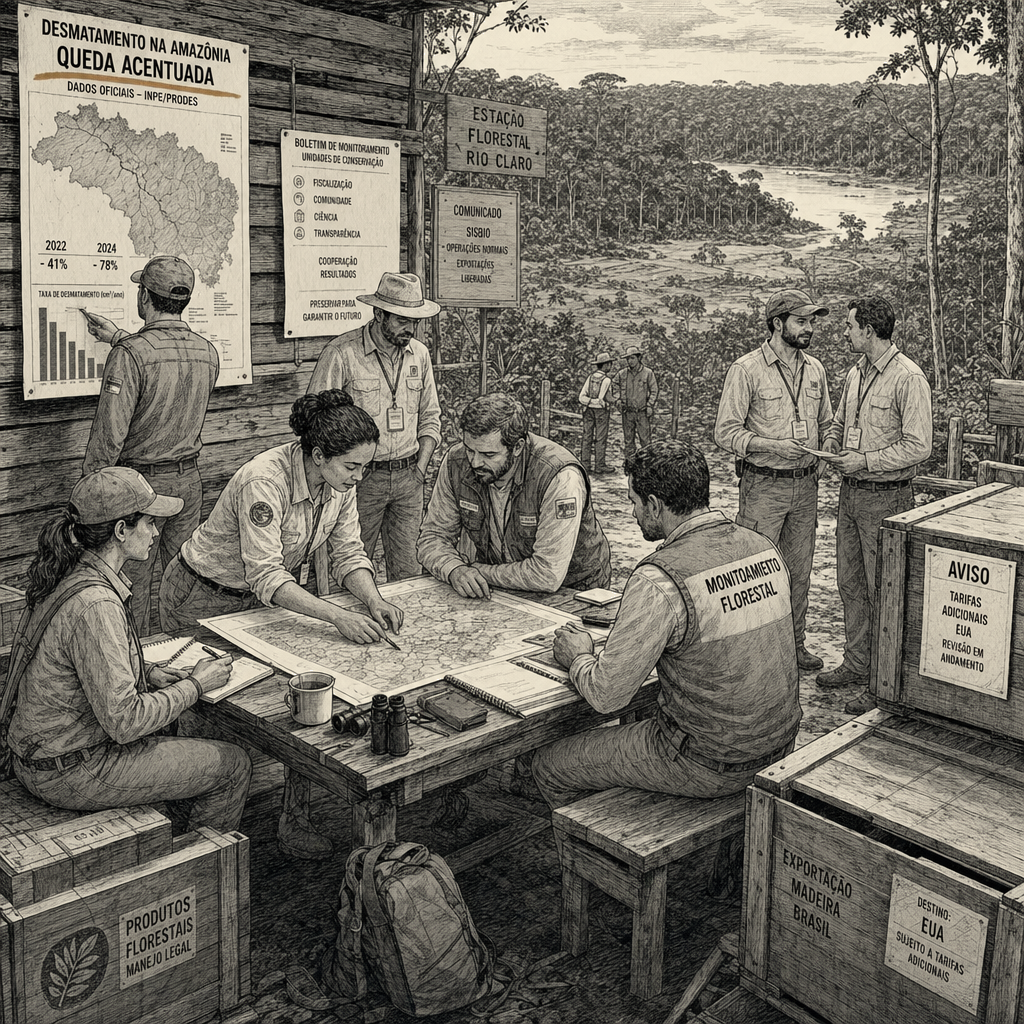 Illustration accompanying article: Brazil Reports Sharp Drop in Amazon Deforestation Amid US Tariff Dispute