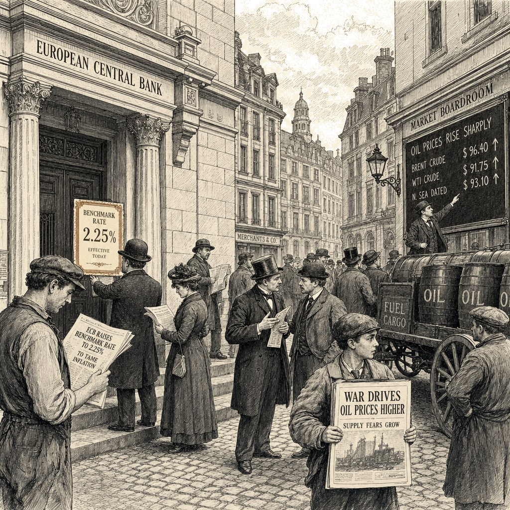 Illustration accompanying article: ECB raises benchmark rate to 2.25% as Iran war lifts oil prices