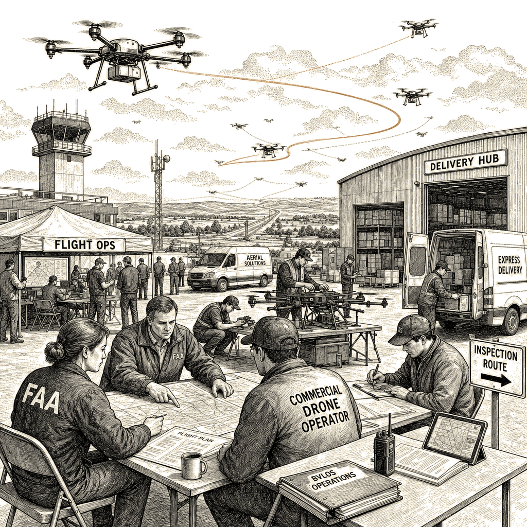 Illustration accompanying article: FAA rule change expected to unlock surge in commercial drone flights