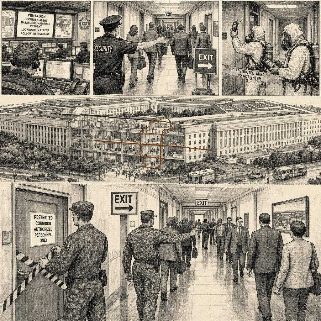 Illustration accompanying article: Hazardous materials incident triggers Pentagon lockdown, evacuation