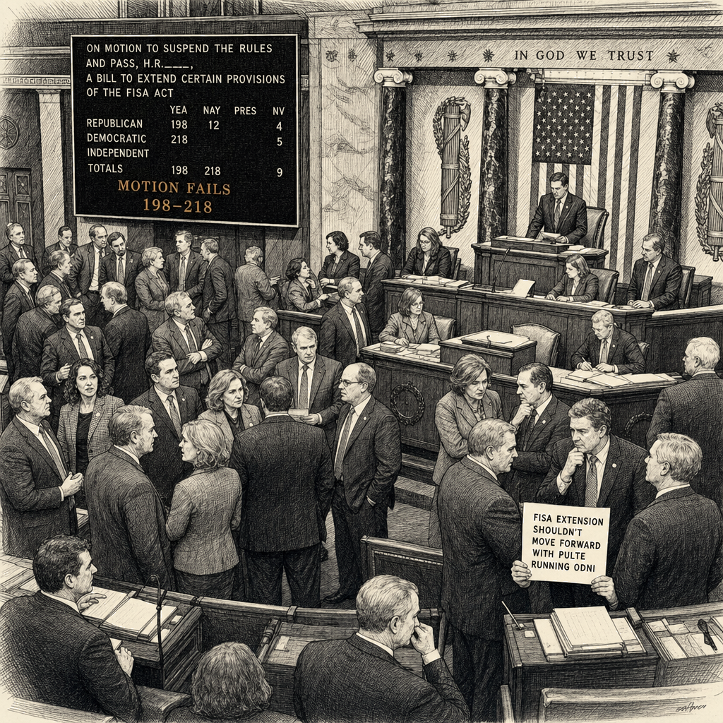 Illustration accompanying article: House fails to pass FISA extension as Democrats revolt over Pulte