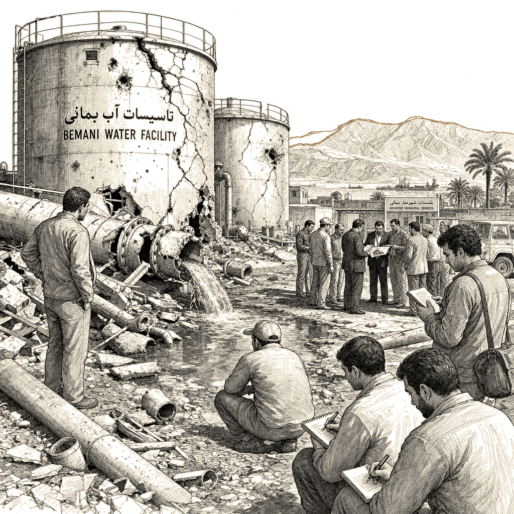Illustration accompanying article: Strike on Iran water facility may be a war crime, experts say