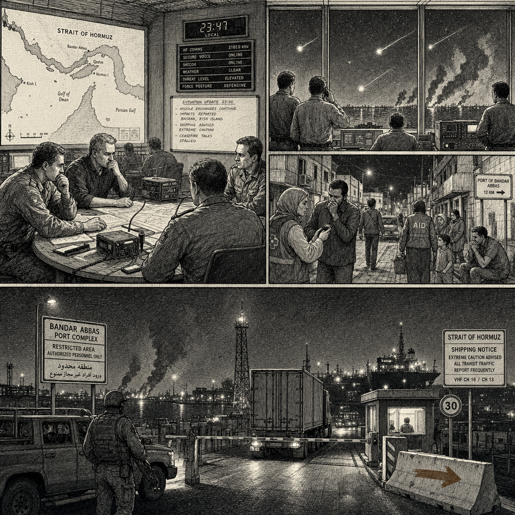 Illustration accompanying article: US and Iran trade strikes for second day as ceasefire rhetoric fades