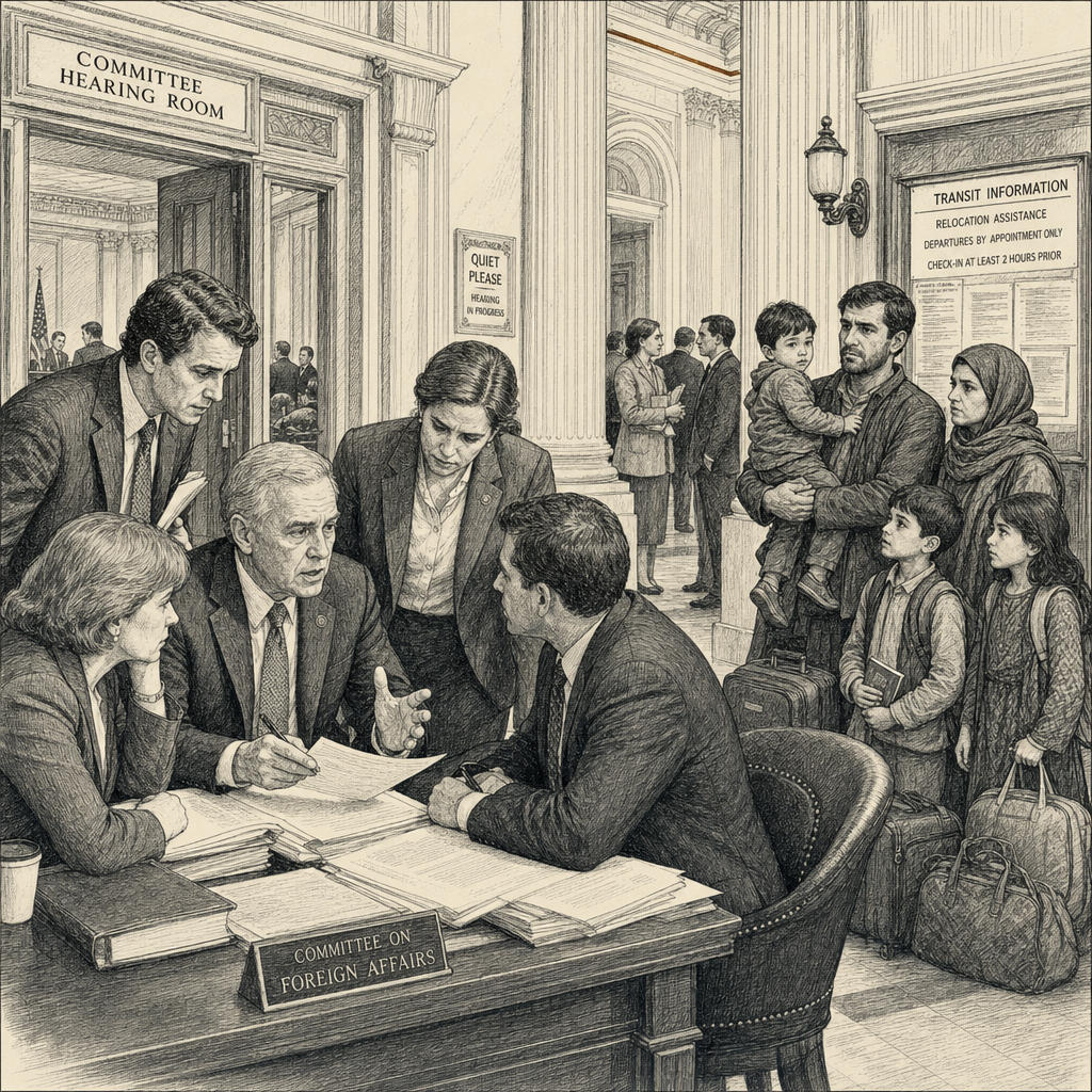 Illustration accompanying article: US lawmakers urge Trump administration to halt plan moving Afghans to DRC