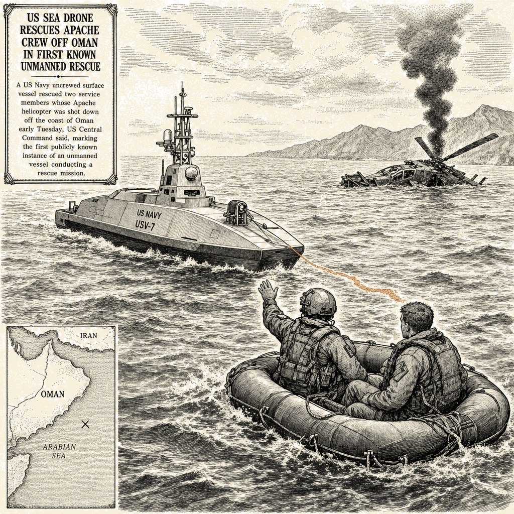 Illustration accompanying article: US sea drone rescues Apache crew off Oman in first known unmanned rescue