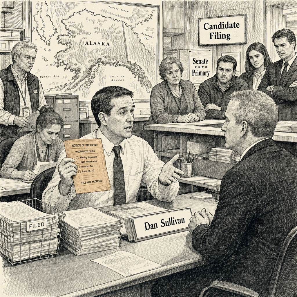 Illustration accompanying article: Alaska election official threatens to disqualify candidate Dan Sullivan from Senate…
