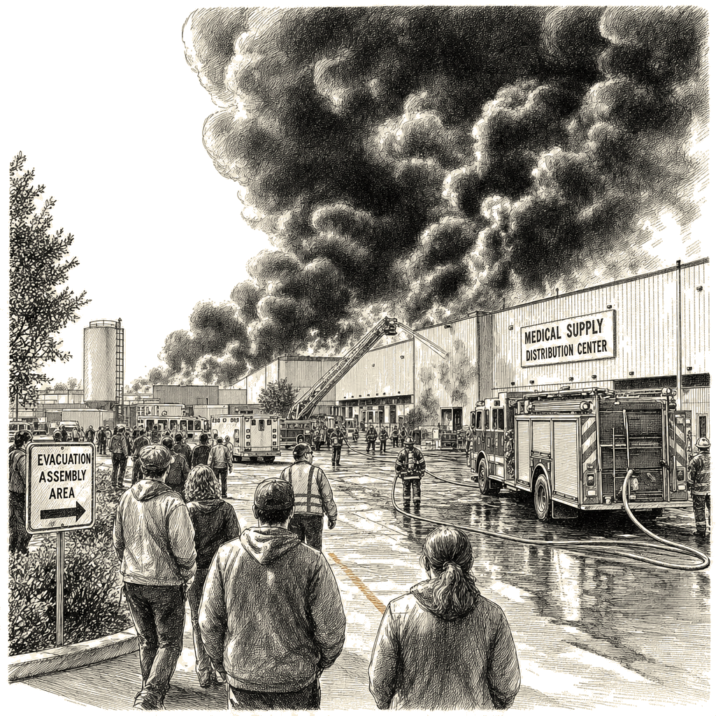 Illustration accompanying article: Fire at California medical supply warehouse prompts evacuations