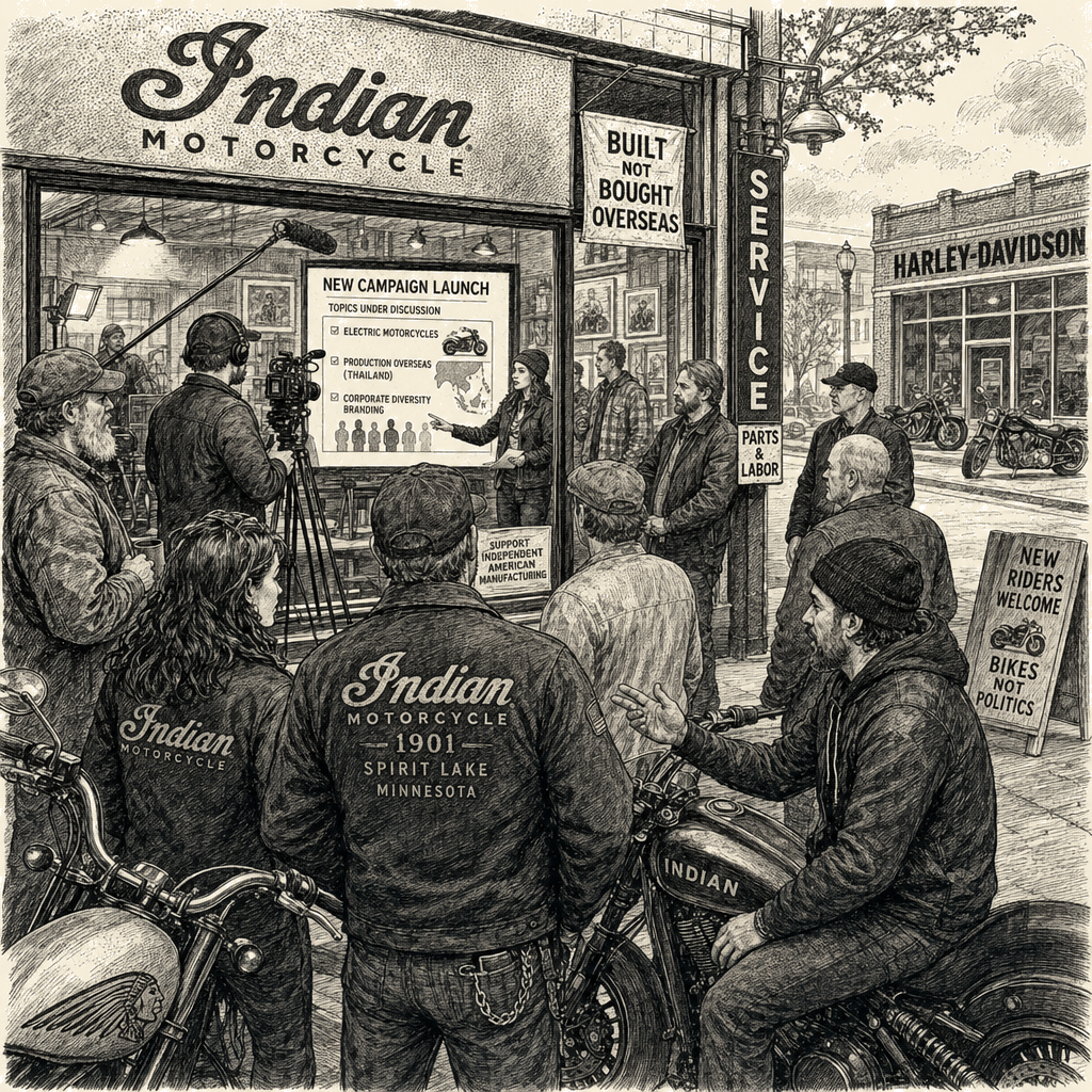 Illustration accompanying article: Indian Motorcycle targets culture-war critique at Harley-Davidson in new ad campaign