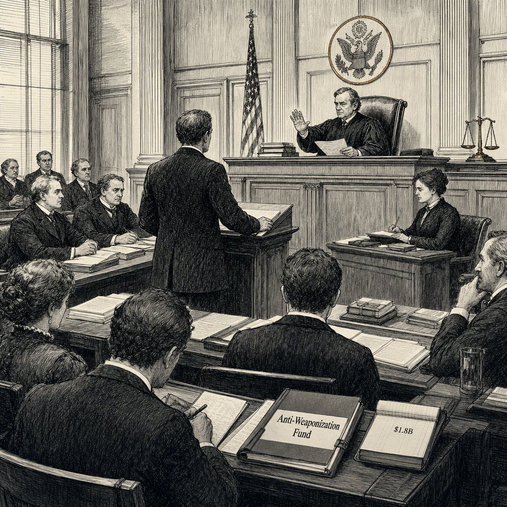 Illustration accompanying article: Judge extends block on Trump's $1.8B 'anti-weaponization' fund
