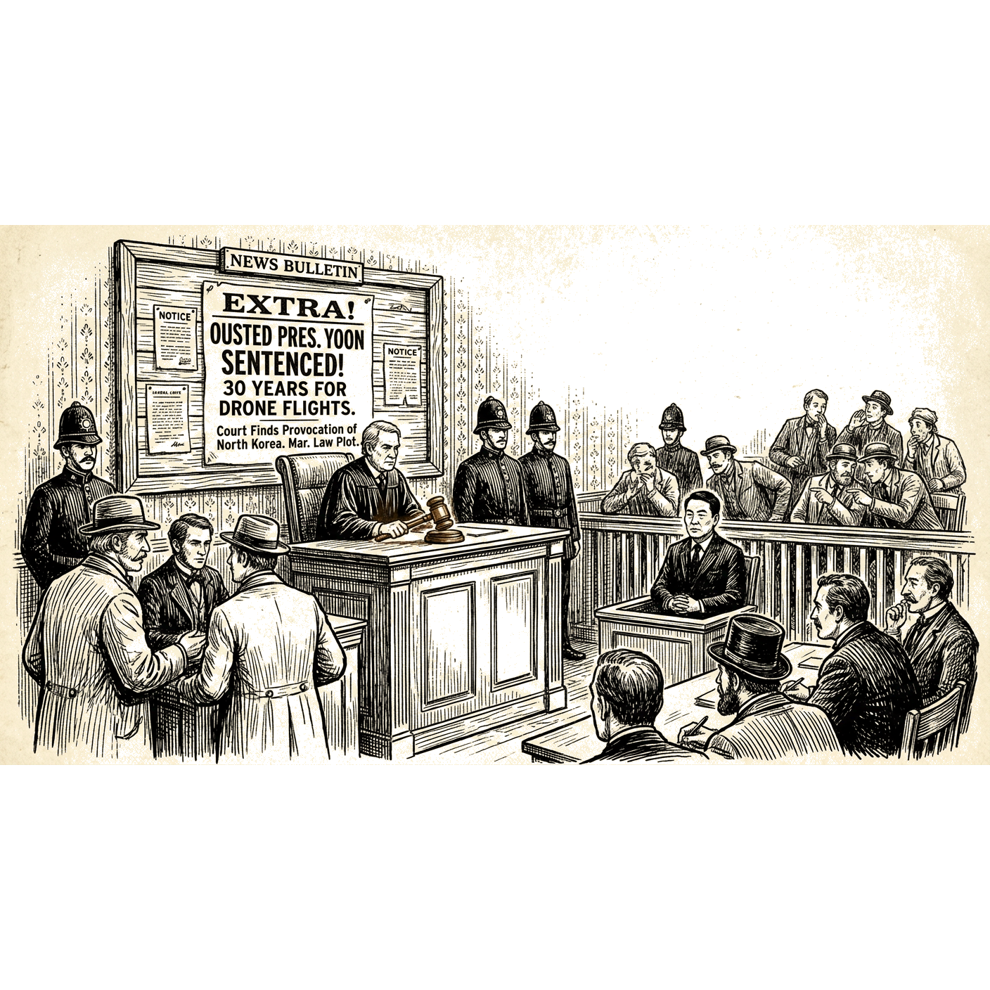 Illustration accompanying article: Ousted South Korean President Yoon sentenced to 30 years over drone flights