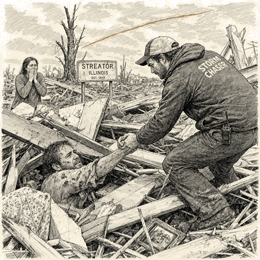 Illustration accompanying article: Storm chaser helps free man trapped in rubble after Midwest tornadoes