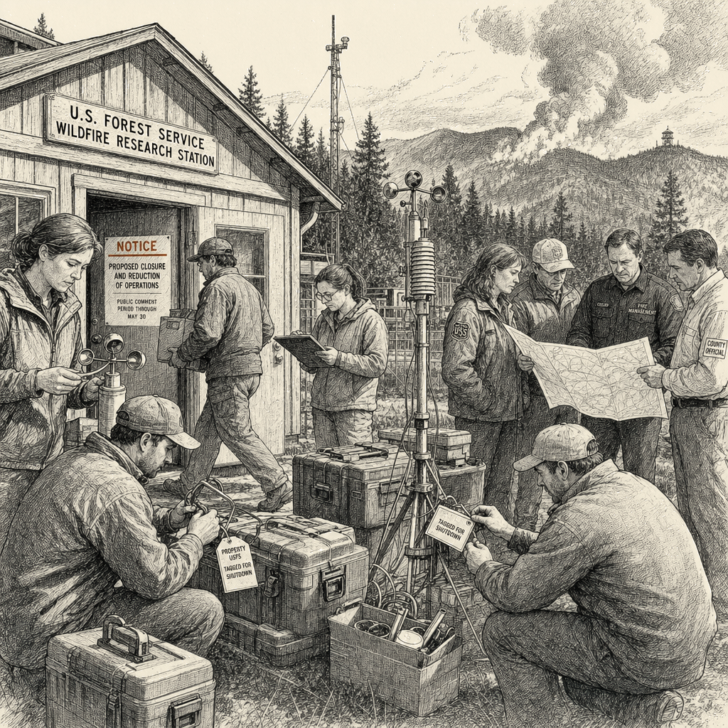 Illustration accompanying article: Trump targets forest fire research as West braces for wildfire season