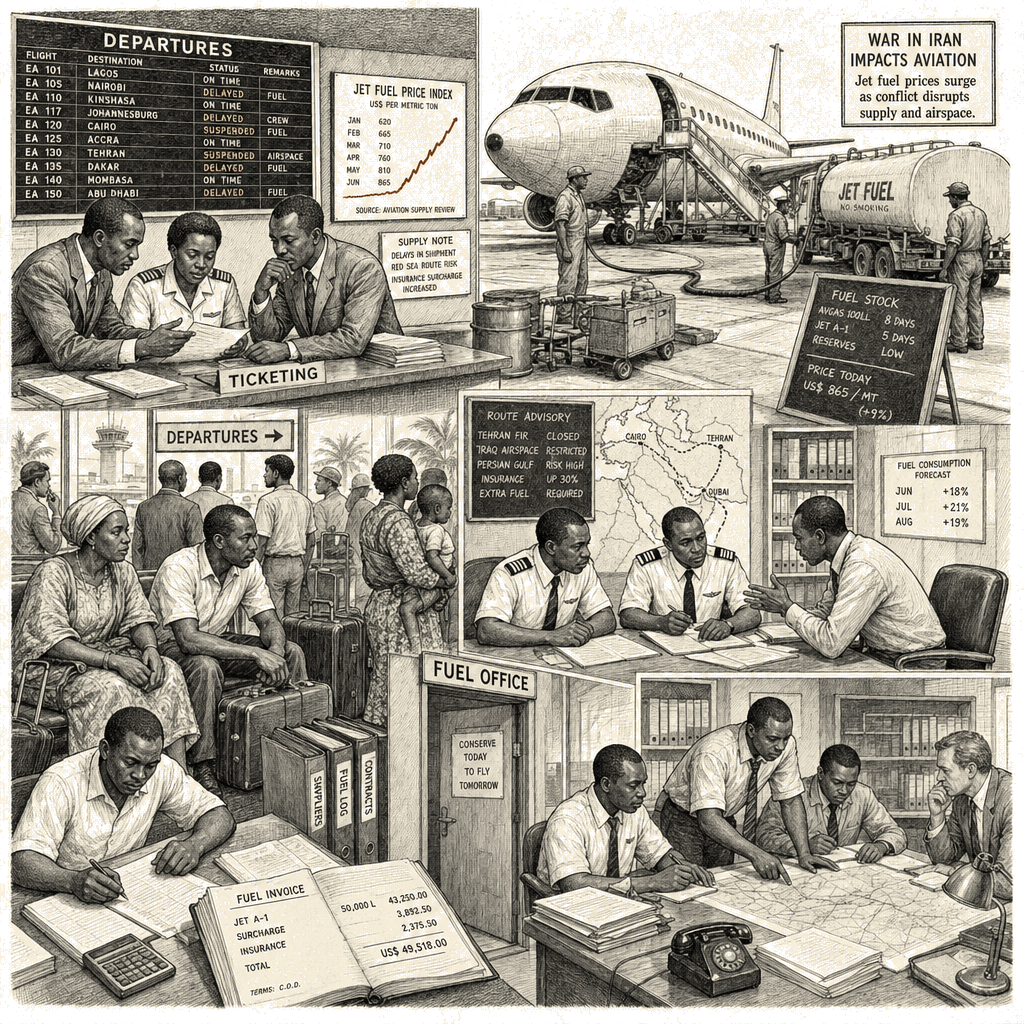 Illustration accompanying article: War in Iran drives jet fuel prices higher, squeezing African airlines