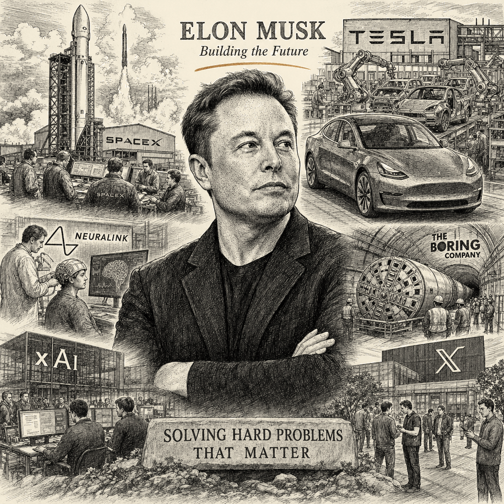 Illustration accompanying article: A look at Elon Musk's vast business empire, from SpaceX to Tesla
