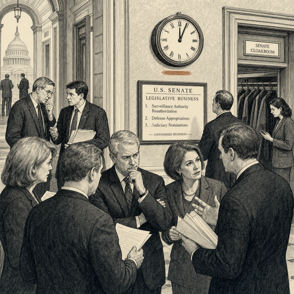 Illustration accompanying article: Senate Democrats let surveillance law lapse in hardball strategy against Trump