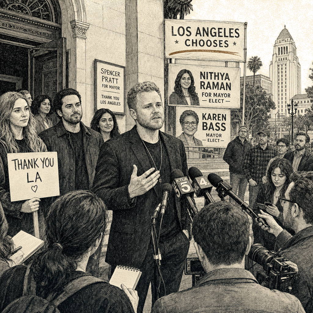 Illustration accompanying article: Spencer Pratt concedes LA mayor race, declares 'war' on advancing candidates