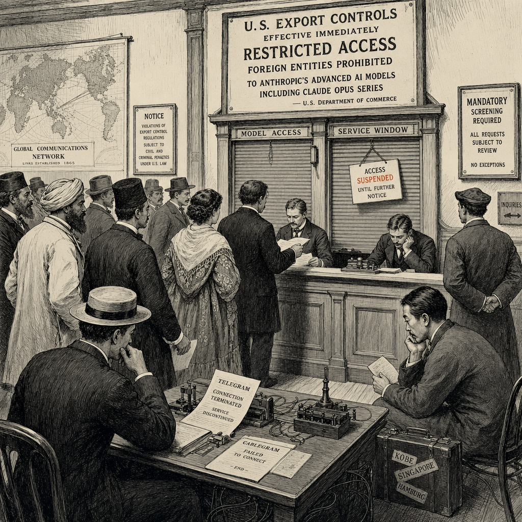 Illustration accompanying article: U.S. bans foreign use of Anthropic's top AI models; company halts access