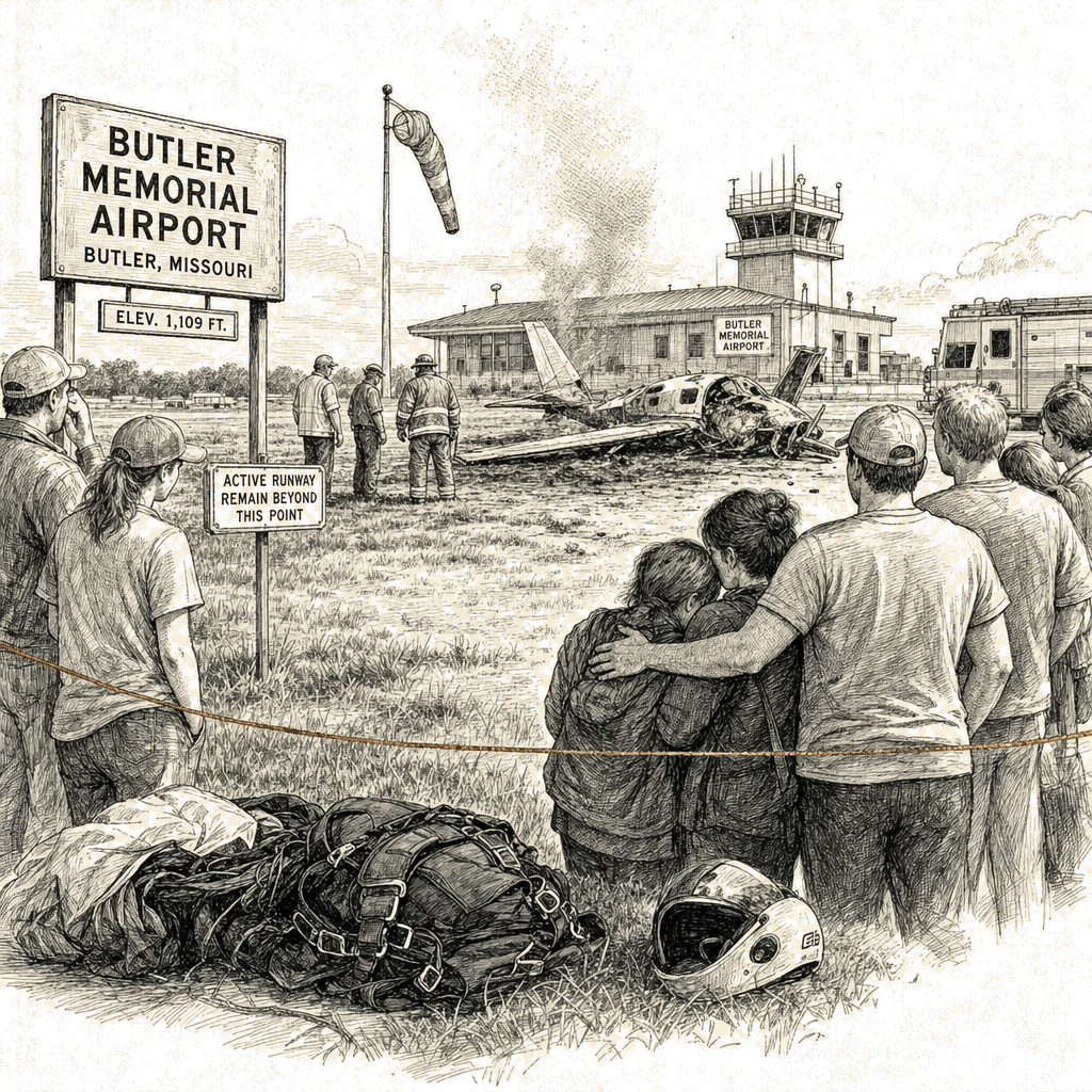 Illustration accompanying article: 12 killed in Missouri plane crash; 11 were skydivers
