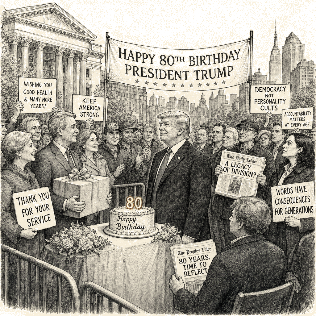 Illustration accompanying article: 80th birthday draws praise and criticism for President Trump