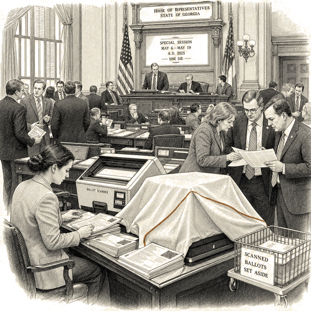 Illustration accompanying article: Georgia lawmakers seek fix for banned vote-counting method in special session