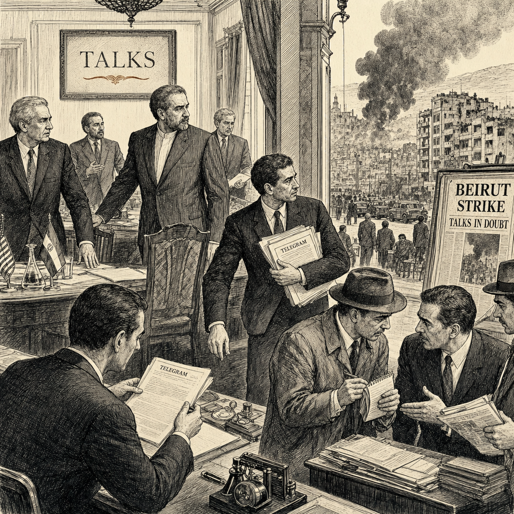 Illustration accompanying article: Iran threatens to quit talks after Israeli strike on Beirut