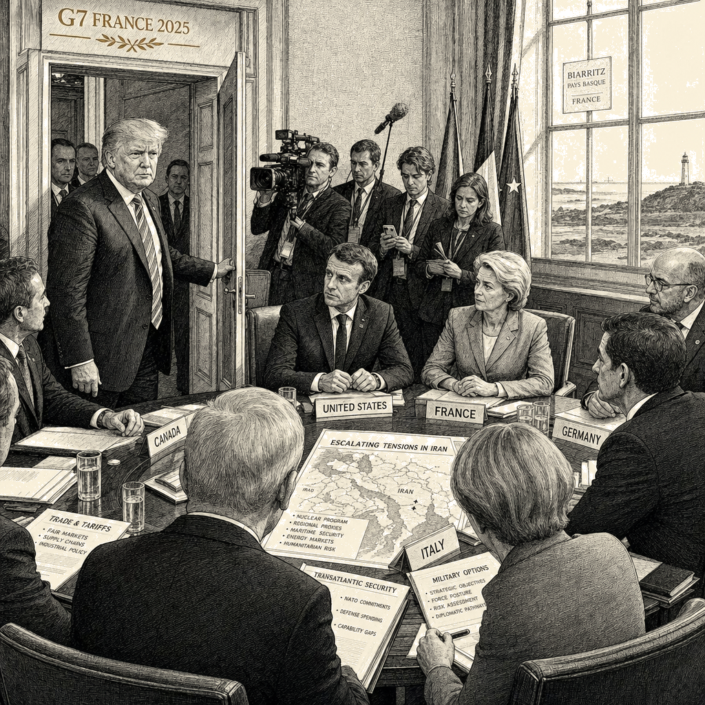 Illustration accompanying article: Iran war expected to dominate Trump's G7 meeting with allies