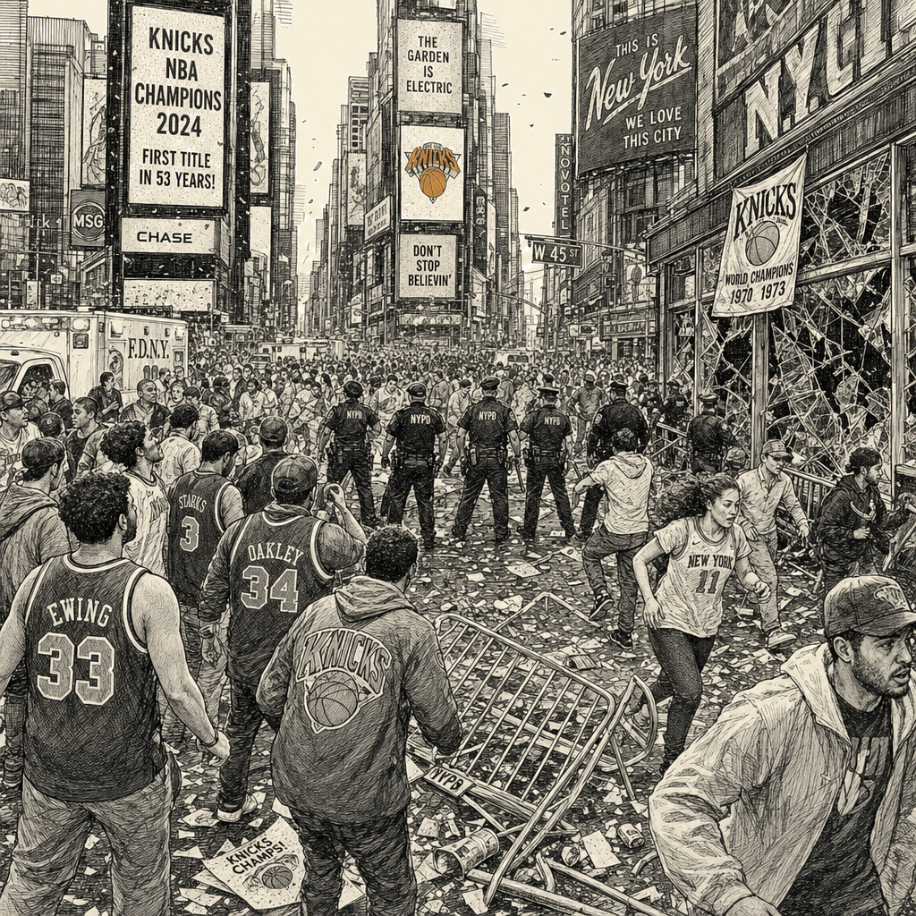Illustration accompanying article: Knicks win first NBA title in 53 years; celebration marred by shooting, chaos