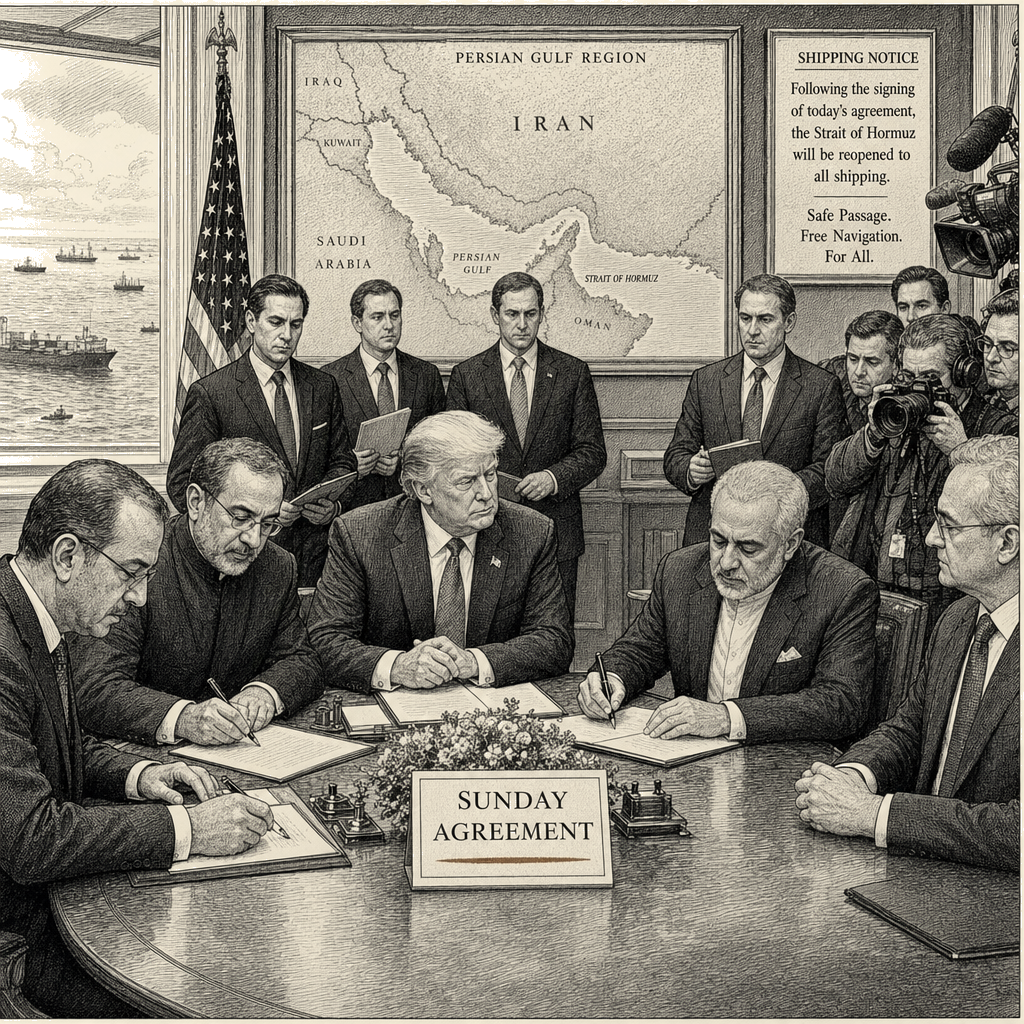 Illustration accompanying article: Trump says Iran 'no longer want a nuclear weapon,' deal signing set for Sunday