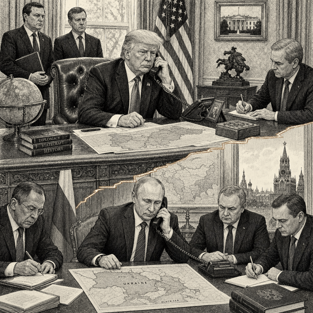 Illustration accompanying article: Trump tells Putin he is prepared to help end Ukraine war, adviser says