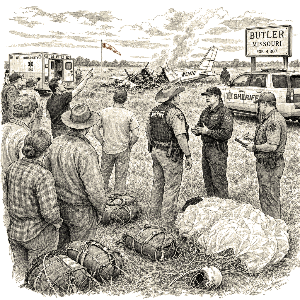 Illustration accompanying article: 12 killed as skydiving plane crashes in Missouri; witness says 'they didn't have time to…