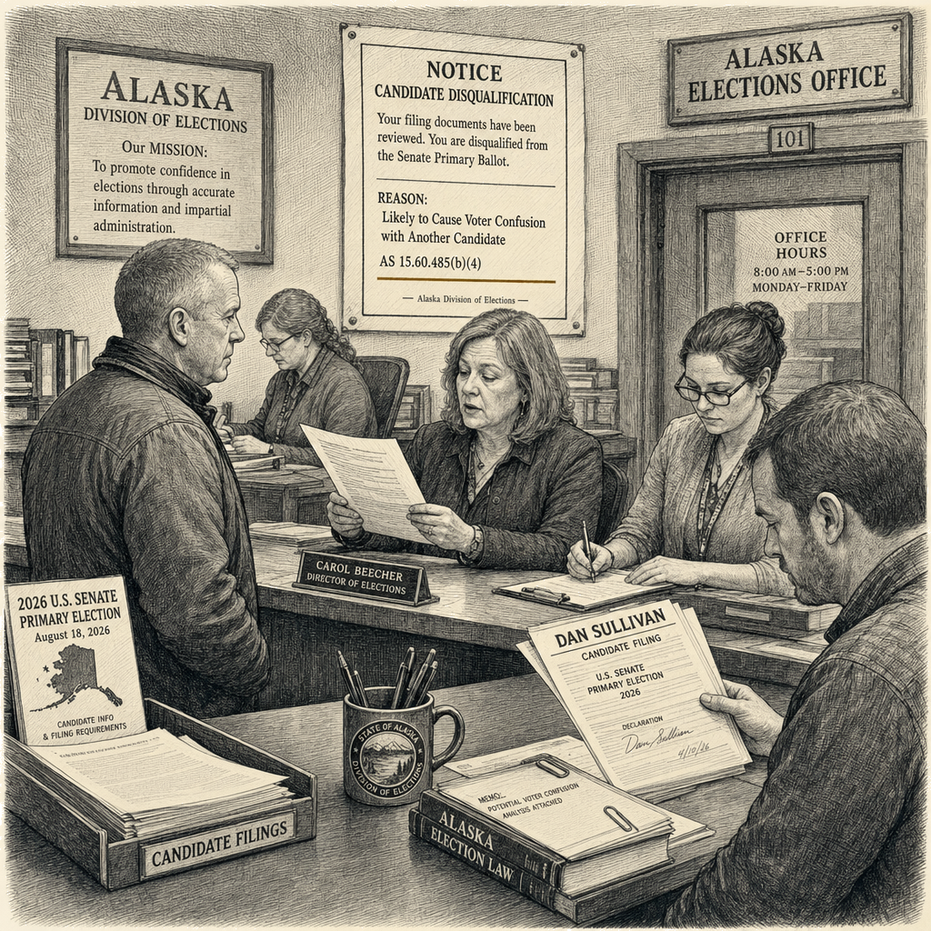 Illustration accompanying article: Alaska disqualifies challenger Dan Sullivan from Senate primary, citing voter confusion