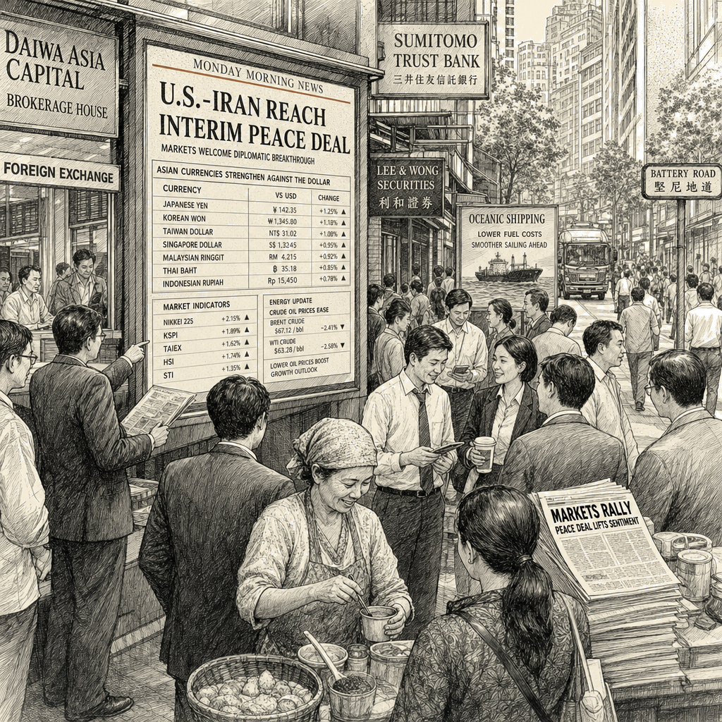 Illustration accompanying article: Asian Currencies Strengthen on U.S.-Iran Interim Peace Deal