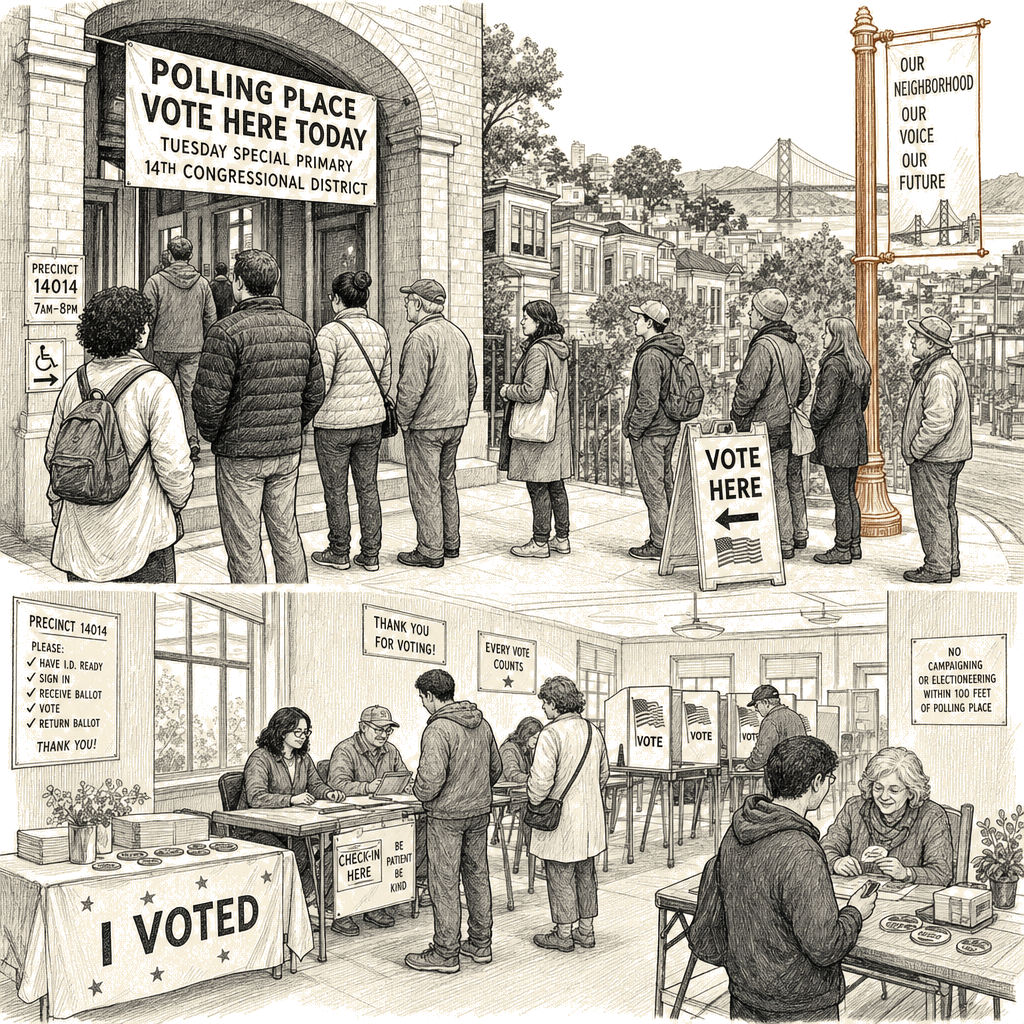 Illustration accompanying article: California voters pick Swalwell successor in special primary